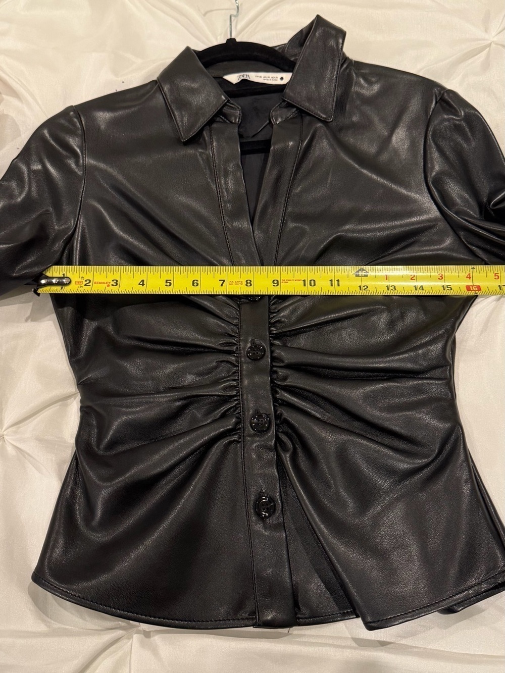 Zara Black Faux Leather Button-Up Shirt with Point Collar Size XS - Picture 6 of 7